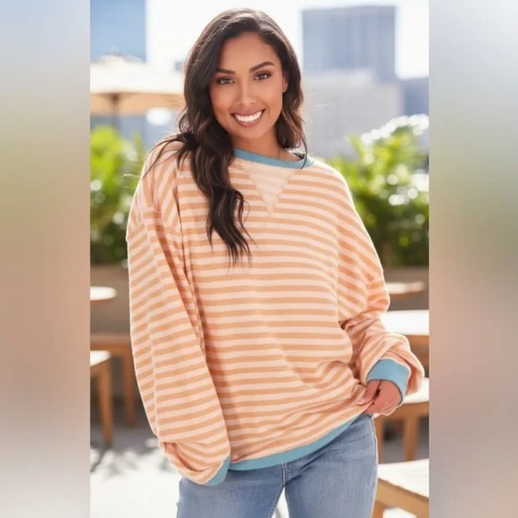 NWOT Free People Classic Crew Striped Sweater Oversized Casual Size Large - Picture 9 of 9